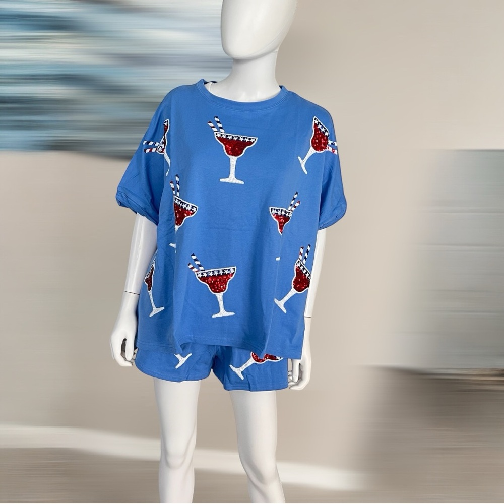 FANTASTIC FAWN Blue sequin Cocktail Graphic French Terry T-Shirt S M L - Picture 7 of 10